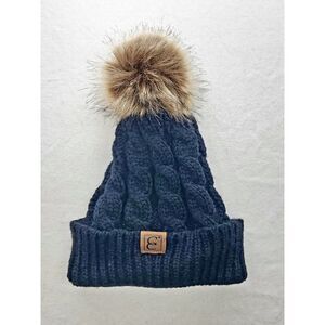 Women’s Black Knit Slouchy Beanie with Pom Pom – Winter Cable Hat